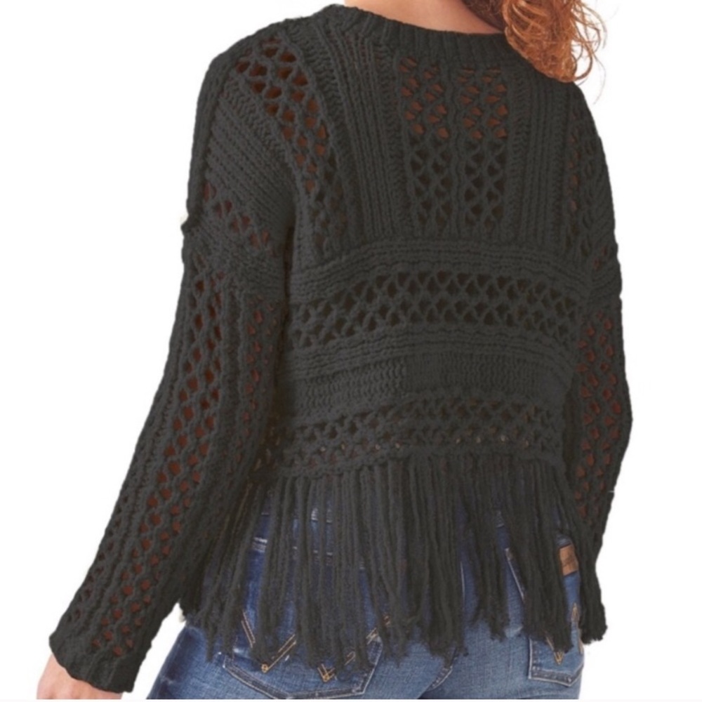 Wangler Retro black open knit fringe boho large